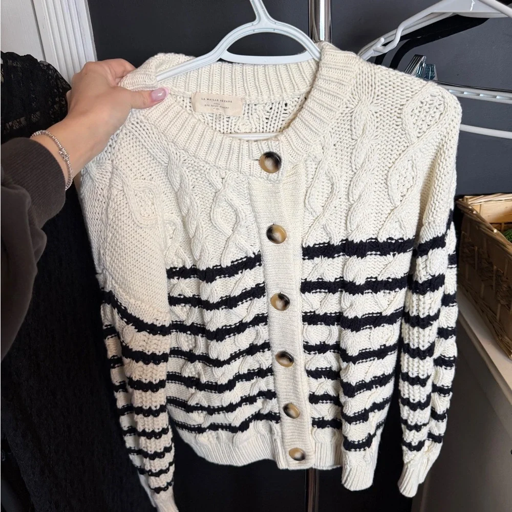 Sezane Cream and Black Striped Cardigan - Picture 1 of 5